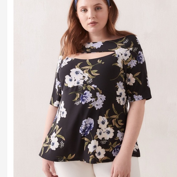 Addition Elle Printed Black Floral Off-Shoulder Top With Cutout At Front - Picture 1 of 13